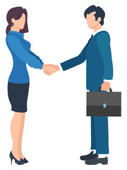 Man and woman on meeting vector, isolated character handshake of male and female. Boss and leader, entrepreneur and director holding case with contract. Gender equality in business
