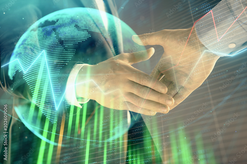 Poster multi exposure of forex graph and world map on abstract background with two businessmen handshake. c