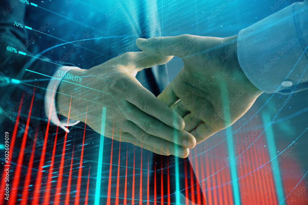 Poster multi exposure of forex graph on abstract background with two businessmen handshake. concept of succ