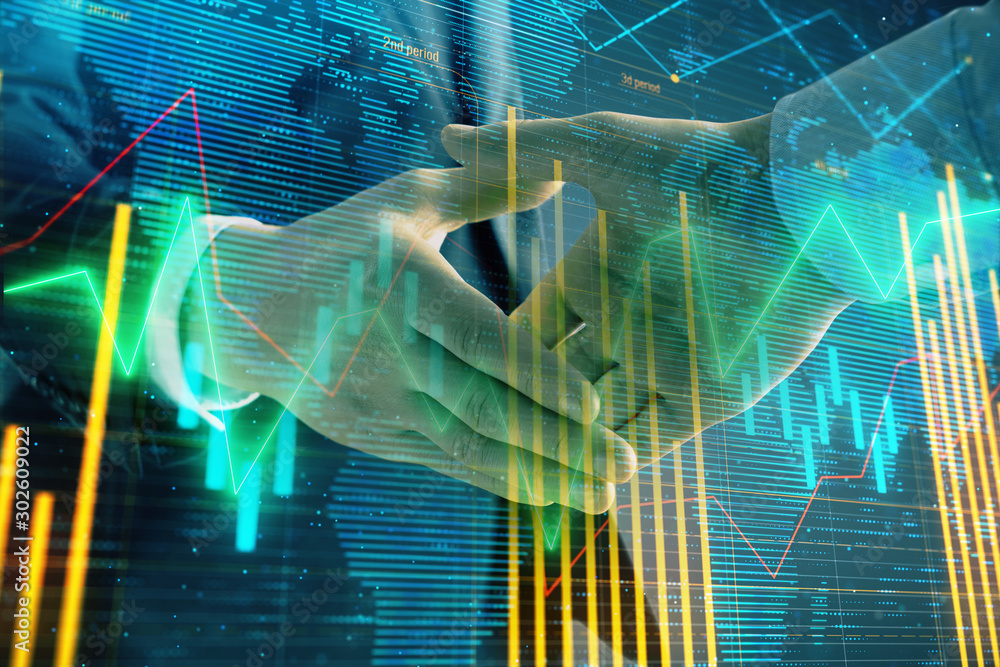 Poster multi exposure of forex graph and world map on abstract background with two businessmen handshake. c