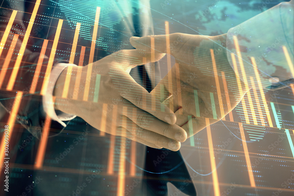 Aufkleber multi exposure of forex graph and world map on abstract background with two businessmen handshake. c