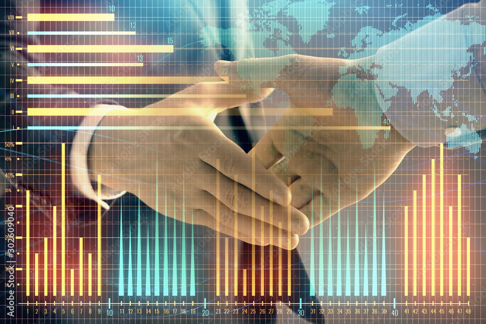 Poster multi exposure of forex graph and world map on abstract background with two businessmen handshake. c