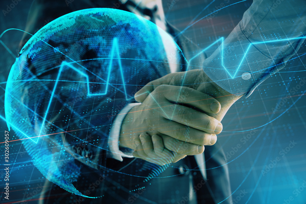Aufkleber multi exposure of forex graph and world map on abstract background with two businessmen handshake. c