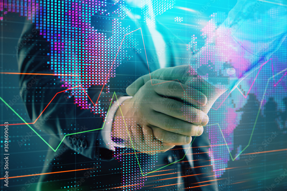 Aufkleber multi exposure of forex graph and world map on abstract background with two businessmen handshake. c