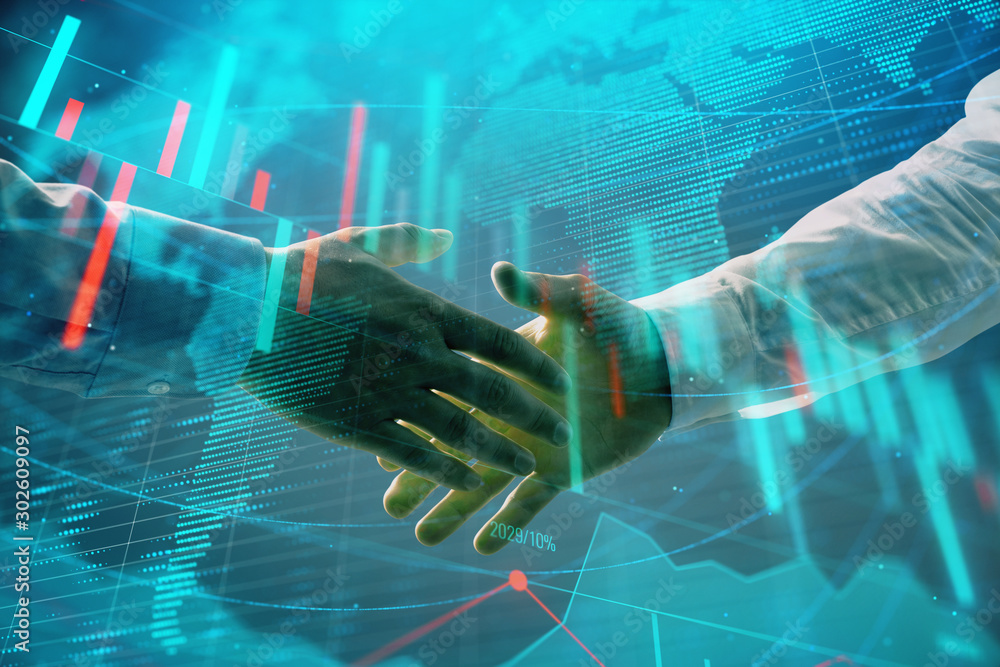 Aufkleber multi exposure of forex graph and world map on abstract background with two businessmen handshake. c