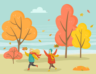 Yellow foliage of trees in autumn forest vector. Children playing in park, gathering leaves and flora. Weekend of kids boy and girl running outside. Outdoors activities of friends flat style
