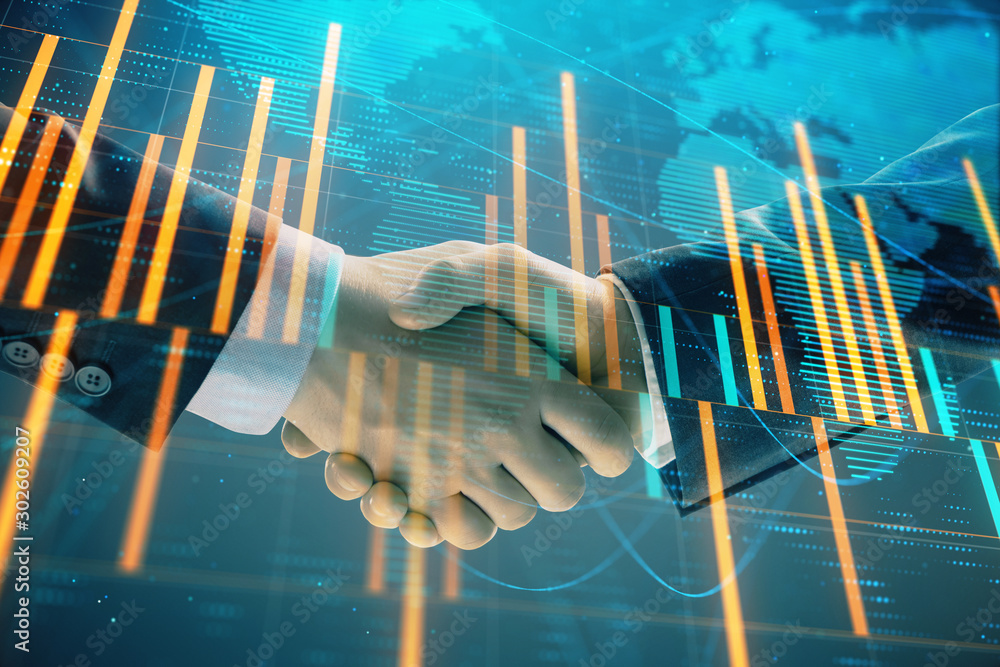 Poster multi exposure of forex graph and world map on abstract background with two businessmen handshake. c