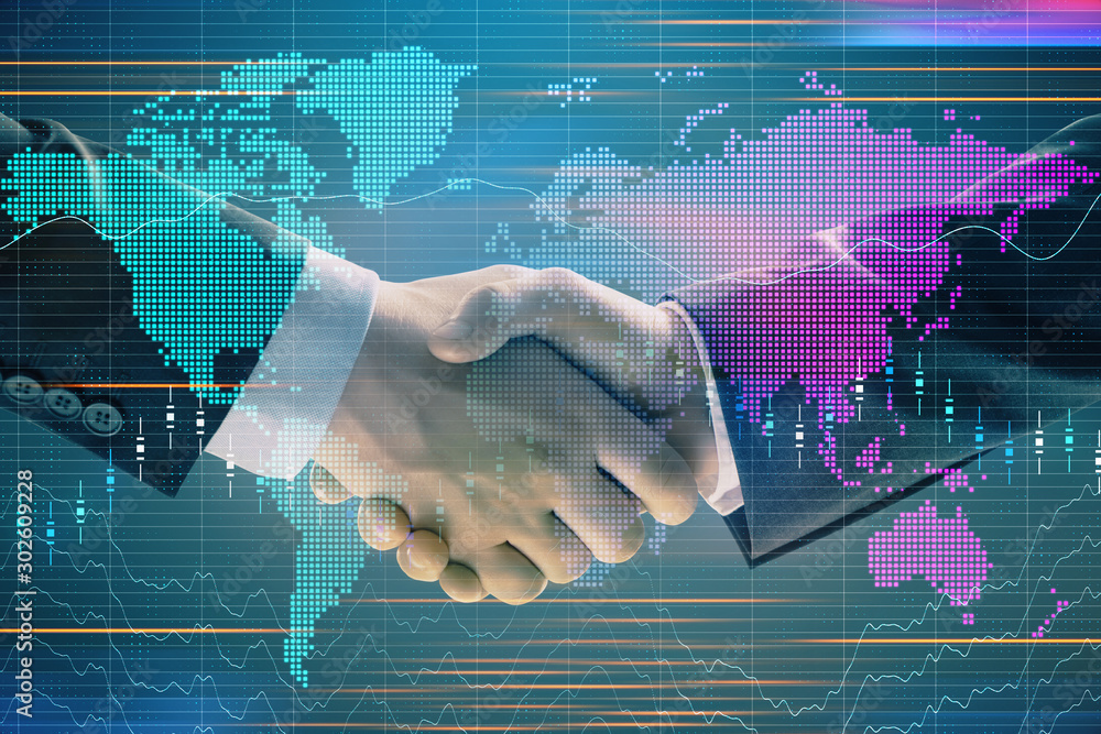 Poster multi exposure of forex graph and world map on abstract background with two businessmen handshake. c