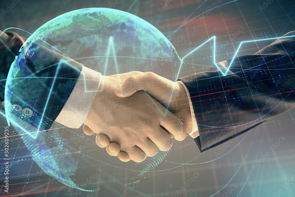 Poster multi exposure of forex graph and world map on abstract background with two businessmen handshake. c