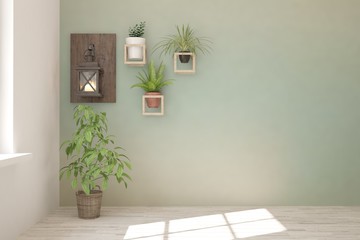 Empty room in white color with home decor on a wall and green plant. Scandinavian interior design. 3D illustration