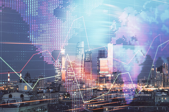 Double exposure of financial graph and world map on city veiw background. Concept of financial market research and analysis