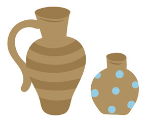 Pottery symbols, isolated vector clay jar and vase. Vector stripped ceramic water-glass bowl and dotted flower pot, retro archeology glassware with handle
