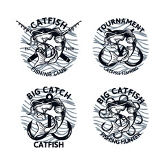 set of catfish fishing logo club tournament big catch, vintage emblem badge
