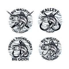 set of walleye fishing logo club tournament big catch, vintage emblem badge