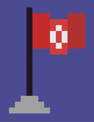 Obraz premium Flag in game vector, 8bit graphics isolated icon in flat style, 80s style of object, cloth fabric material on wooden pole standing on pedestal pixel art