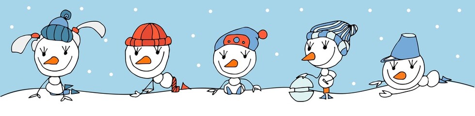 Set of Graphic Emoticons - snowmans. Collection of Emoji. Smile icons. Vector illustration 