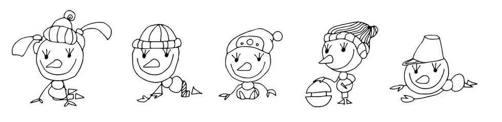 Set of Graphic Emoticons - snowmans. Collection of Emoji. Smile icons. Vector illustration on white background