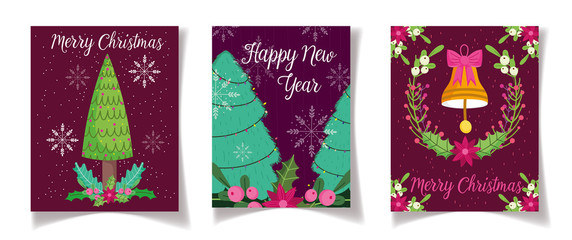 tree bell flower leaves celebration merry christmas and new year poster