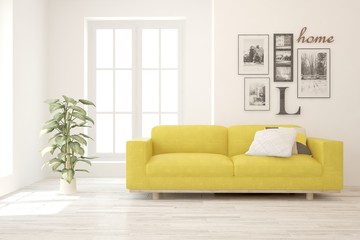 Stylish room in white color with sofa. Scandinavian interior design. 3D illustration