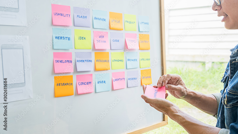 Sticker creative web designer planning application and developing template layout, framework for mobile phon