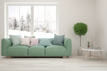 Stylish room in white color with sofa and winter landscape in window. Scandinavian interior design. 3D illustration
