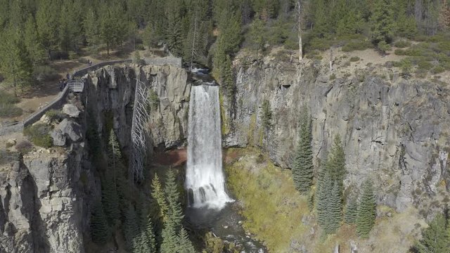 Aerial 4K HDR drone footage of Tumalo Fall waterfall in Oregon