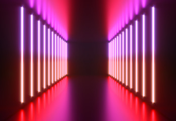 Neon vertical lights, glowing lines, ultraviolet, vibrant colors, abstract background. 3D illustration. 