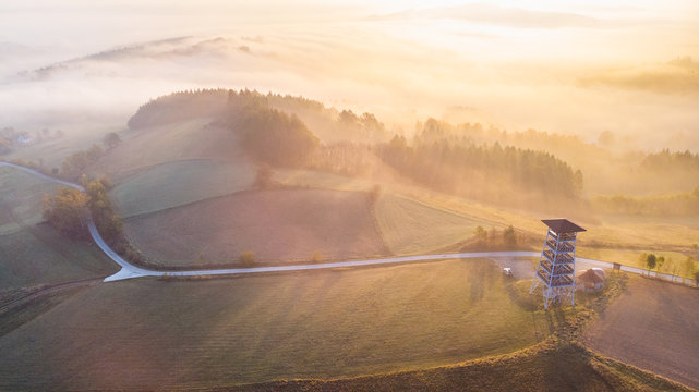 Look Out Tower in Brusnik, Ciezkowice. Polish Countryside at Sunrise