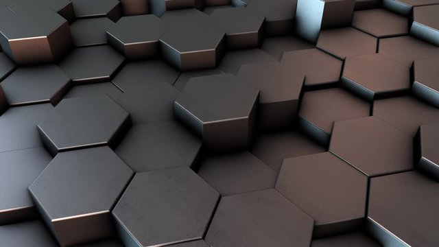 Animation of abstract hexagons. Metal reflective surface in warm cold lighting. 4k video