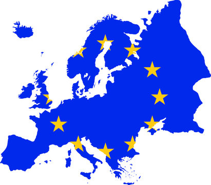 blue vector map of europe with the yellow stars of the european union.