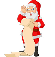 Cartoon santa claus reading a long list of gifts