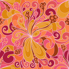 Seamless pattern with colorful magic mushrooms in doodle style. 60s hippie psychedelic art. Vector. Print for fabric