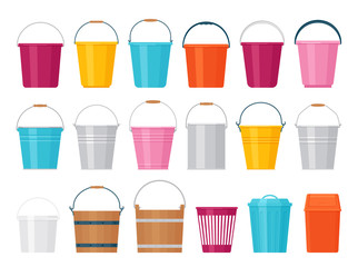 Bucket. Vector. Plastic, metal, wood pail. Icons in flat design isolated on white background. Containers for water, garbage, garden. Cartoon illustration. Set of yellow, blue, red handle basket.