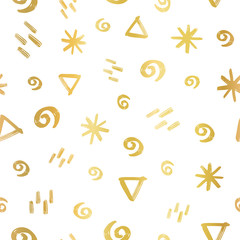 Geometric doodle shapes circle stars triangle shapes gold foil seamless vector background. Hand drawn brush stroke repeating pattern. Golden metallic elegant texture on white backdrop. 