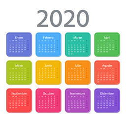 Spanish Calendar 2020 year. Week starts Monday. Vector illustration. Spain calender template. Yearly stationery organizer. Colorful design on white background. Horizontal, landscape orientation.