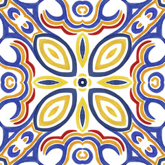Fototapeta premium Embroidery in the traditions of Peru, Aztecs and Maya. Geometric folk ornament fabric. Colorful seamless pattern in Spanish, Mexican, African, American Indian rug. Tribal embroidery. Old carpet.