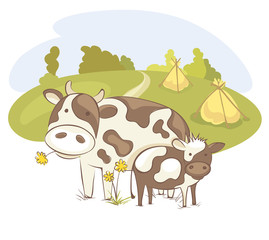 Cow with calf / Funny vector illustration, farm animals in the meadow