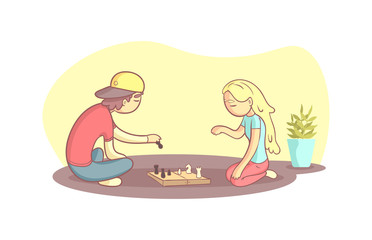 Girl And Guy Sitting on the Floor and Playing Chess Vector Illustration