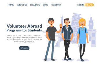 Volunteer Abroad, Programs for Students Landing Page Template, Education and Science Training, Learning Courses Website Vector Illustration