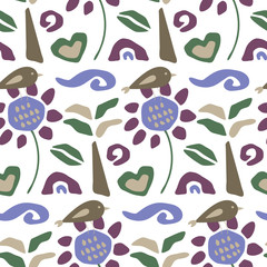 seamless repeat pattern with cute birds, flowers and trees