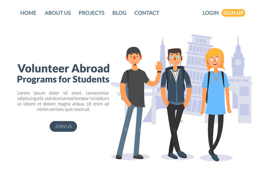 Volunteer Abroad, Programs For Students Landing Page Template, Education And Science Training, Learning Courses Website Vector Illustration