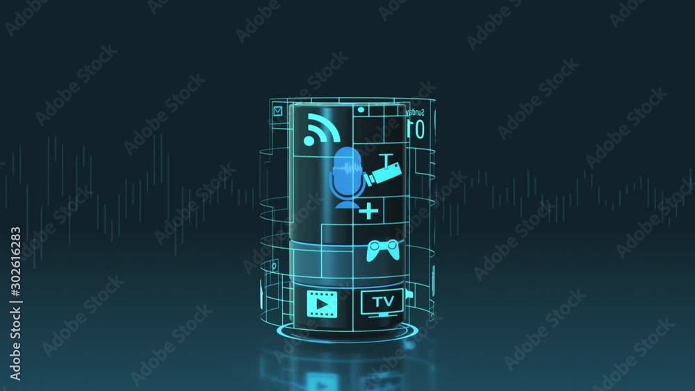 Poster smart speaker or voice assistant with grid of icons around it, concept of smart home and iot (3d ren