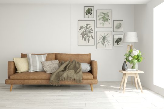 Stylish room in white color with leither sofa. Scandinavian interior design. 3D illustration