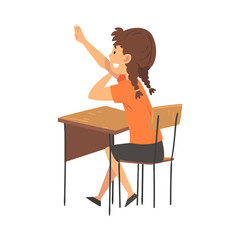 Girl Student Sitting at the Desk in Classroom and Rising her Hand, Side View Vector Illustration