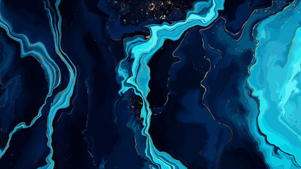 Blauer Marmor und Gold abstrakte Hintergrundtextur. Indigo-ozeanblaue Marmorierung mit natürlichen Strudeln im Luxusstil aus Marmor und Goldpulver. © TWINS DESIGN STUDIO