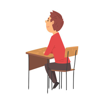 Boy Student Sitting at the Desk in Classroom, Side View Vector Illustration