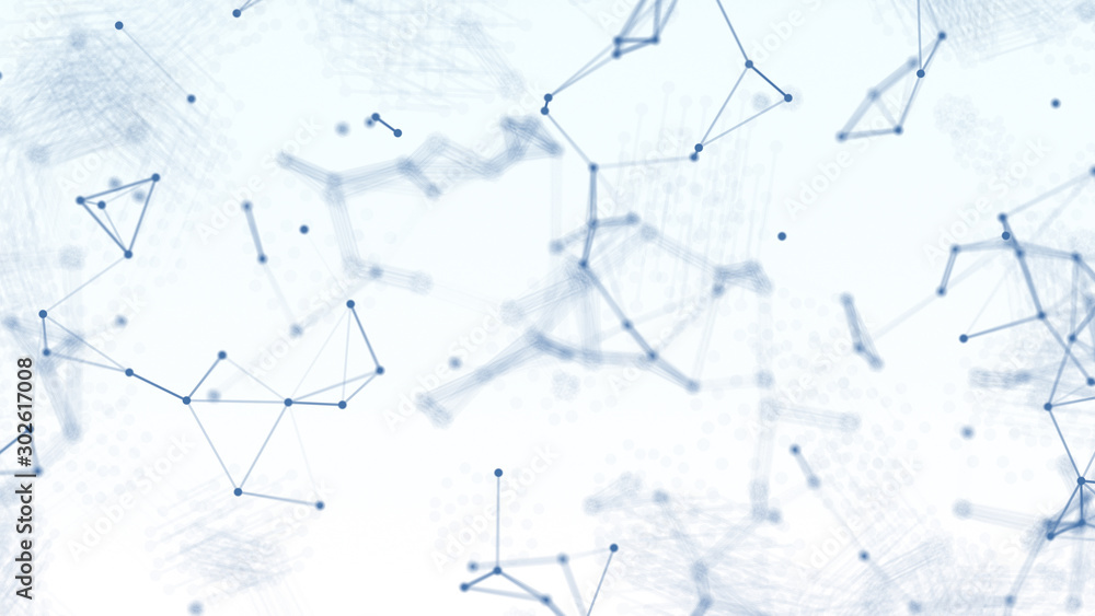 Aufkleber 3d abstract blue blurred geometry wireframe network and connecting dot in space on white background.
