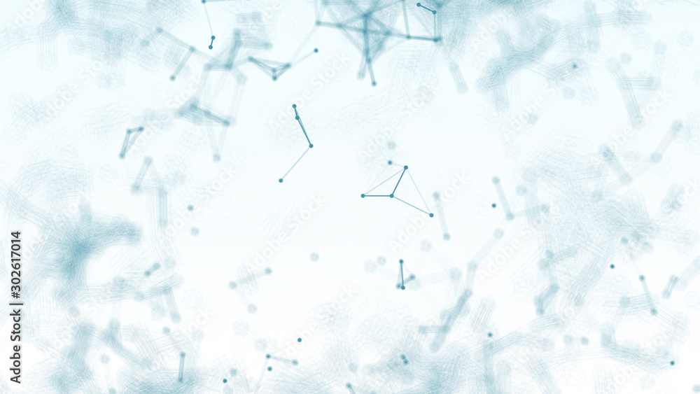 Aufkleber 3d abstract blue blurred geometry wireframe network and connecting dot in space on white background.