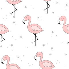 Cute hand drawn seamless pattern with pink flamingo. Vector print