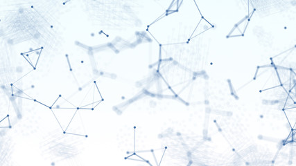 3D Abstract blue blurred geometry wireframe network and connecting dot in space on white background. Futuristics computer and medical science concept. Abstract technology graphic design illustration.